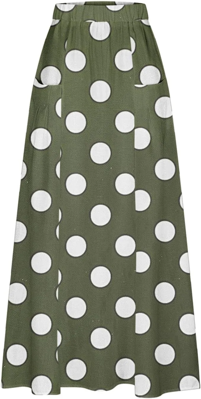 2025 Hot Womens Ploka Dot Maxi Skirts Loose Fit Casual Skirt Elastic Waist A-Line Swing Ankle Skirts with Pockets