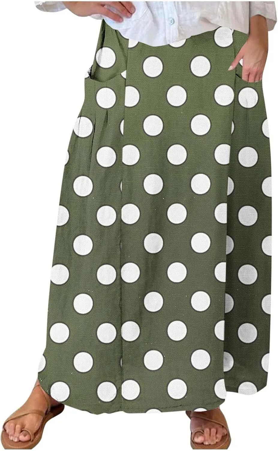 2025 Hot Womens Ploka Dot Maxi Skirts Loose Fit Casual Skirt Elastic Waist A-Line Swing Ankle Skirts with Pockets