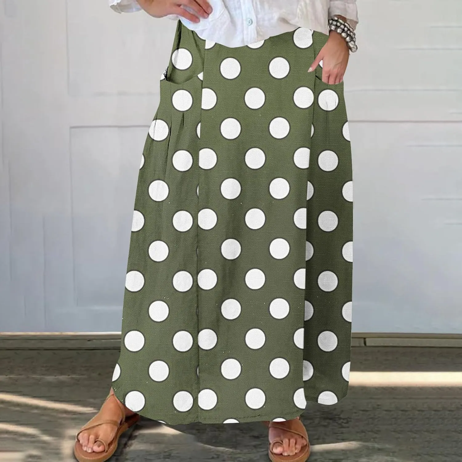 2025 Hot Womens Ploka Dot Maxi Skirts Loose Fit Casual Skirt Elastic Waist A-Line Swing Ankle Skirts with Pockets