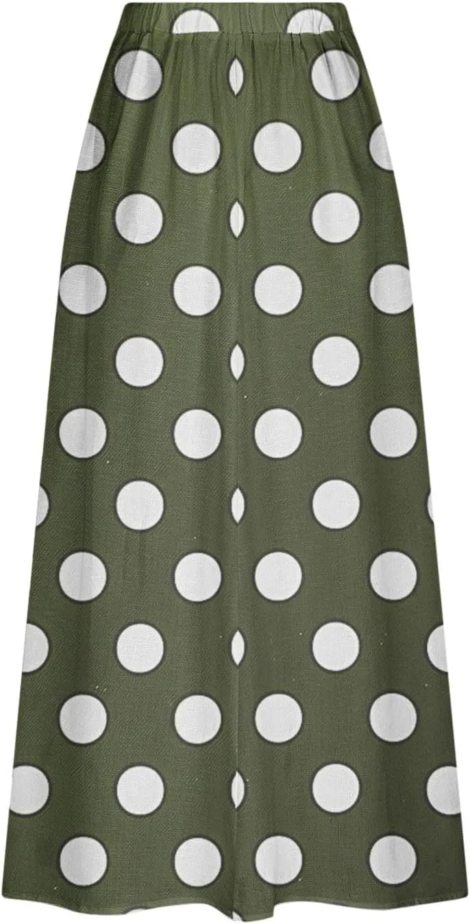 2025 Hot Womens Ploka Dot Maxi Skirts Loose Fit Casual Skirt Elastic Waist A-Line Swing Ankle Skirts with Pockets