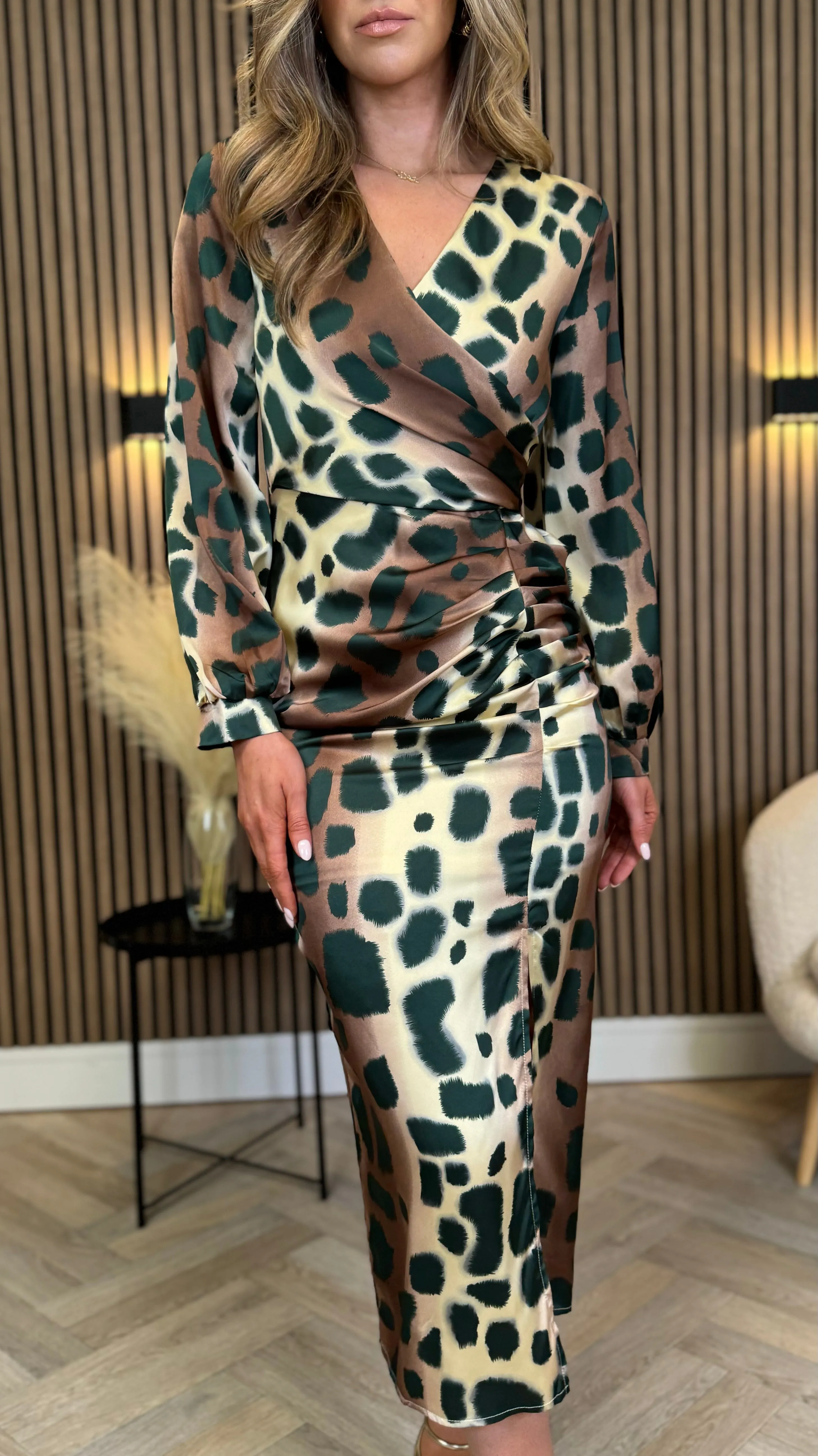 Abbey Beige & Green Leopard Print Ruched Midi Dress