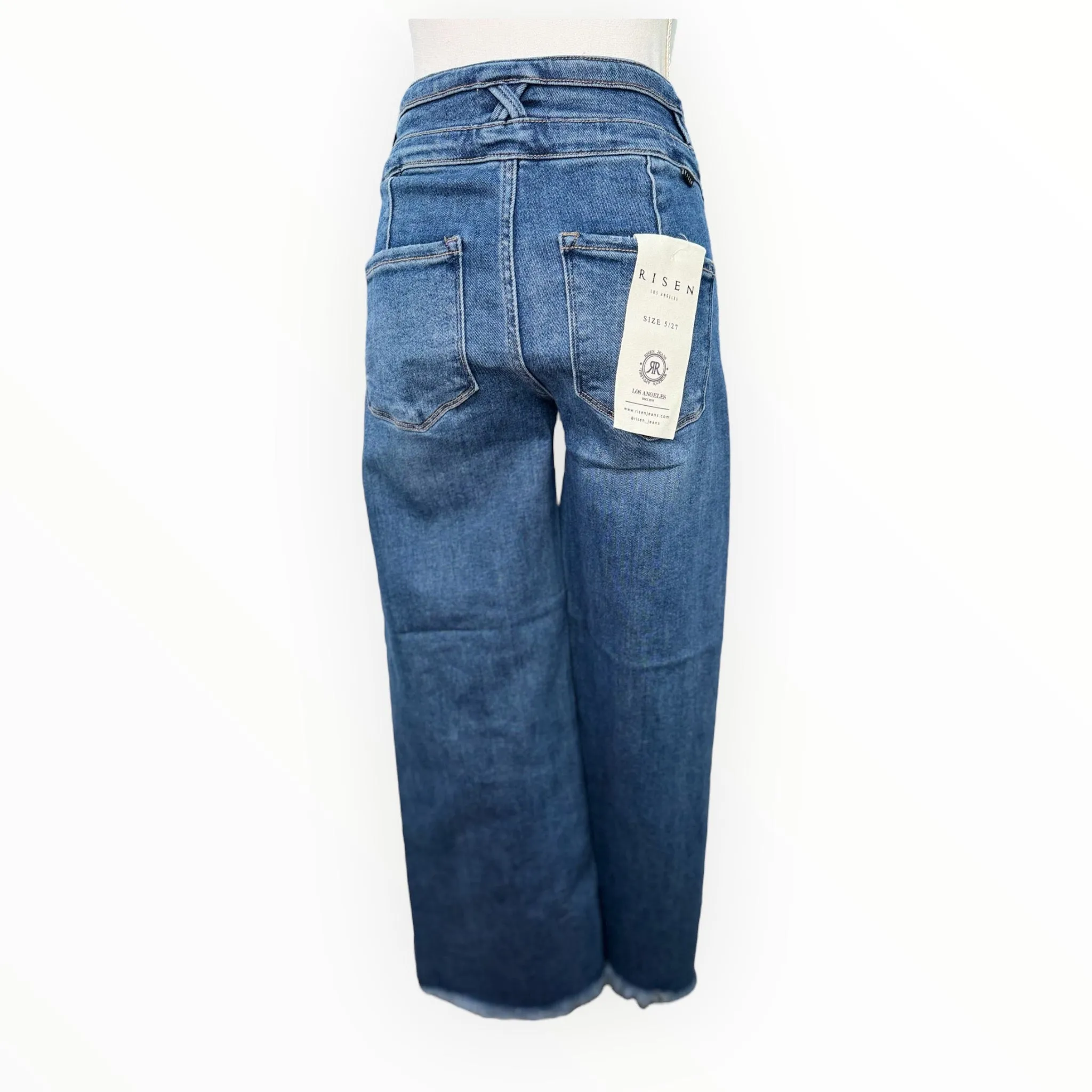 BAGGY DARK WASH RISEN JEANS WITH FRAYED ENDS