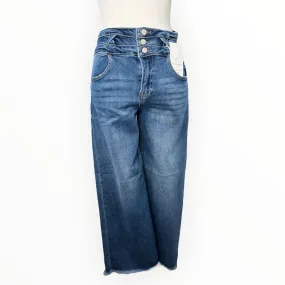 BAGGY DARK WASH RISEN JEANS WITH FRAYED ENDS