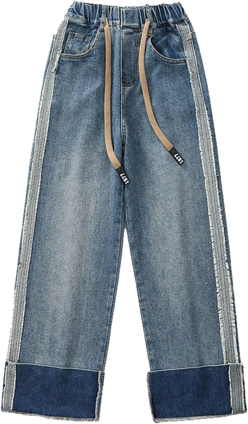 Baggy Jeans for Teen Girls Wide Leg Jeans Kids Y2K Elastic Waist Straight Leg Boyfriend Jeans Roll up Hem Denim Pants