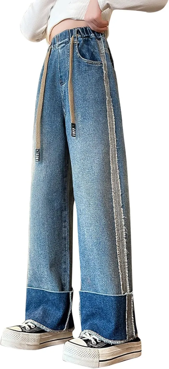 Baggy Jeans for Teen Girls Wide Leg Jeans Kids Y2K Elastic Waist Straight Leg Boyfriend Jeans Roll up Hem Denim Pants