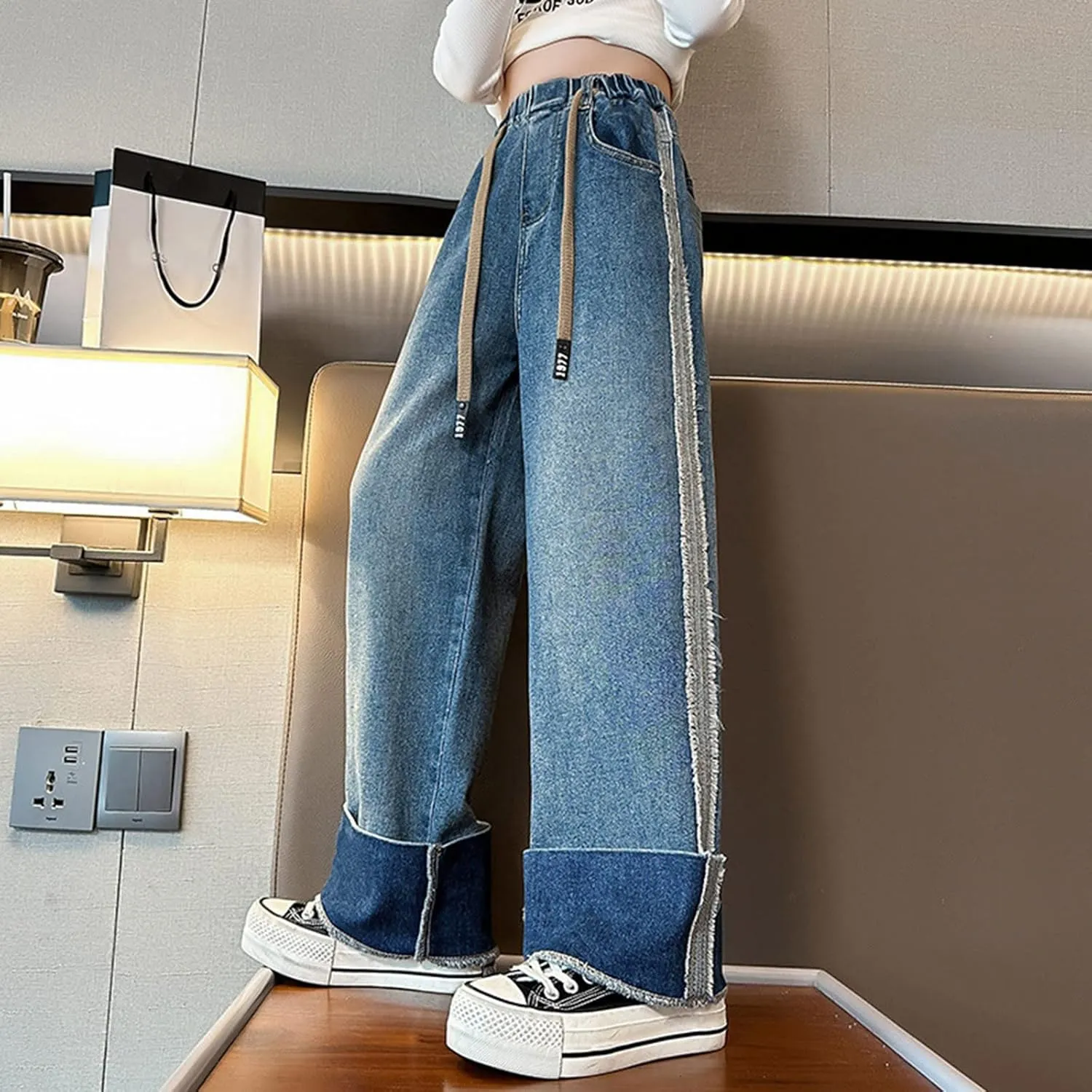 Baggy Jeans for Teen Girls Wide Leg Jeans Kids Y2K Elastic Waist Straight Leg Boyfriend Jeans Roll up Hem Denim Pants