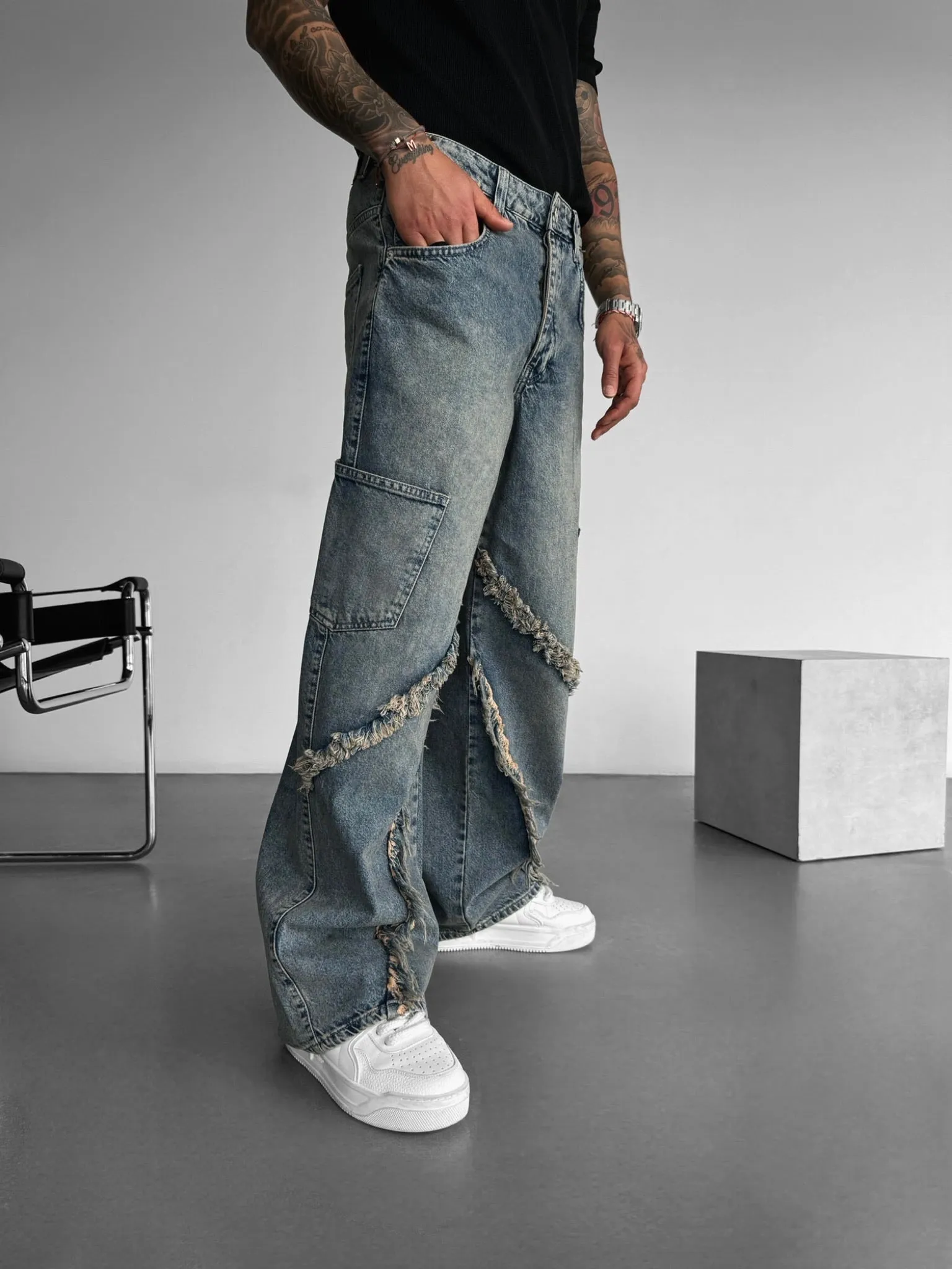 Baggy Washed Torn Details Jeans - Blue