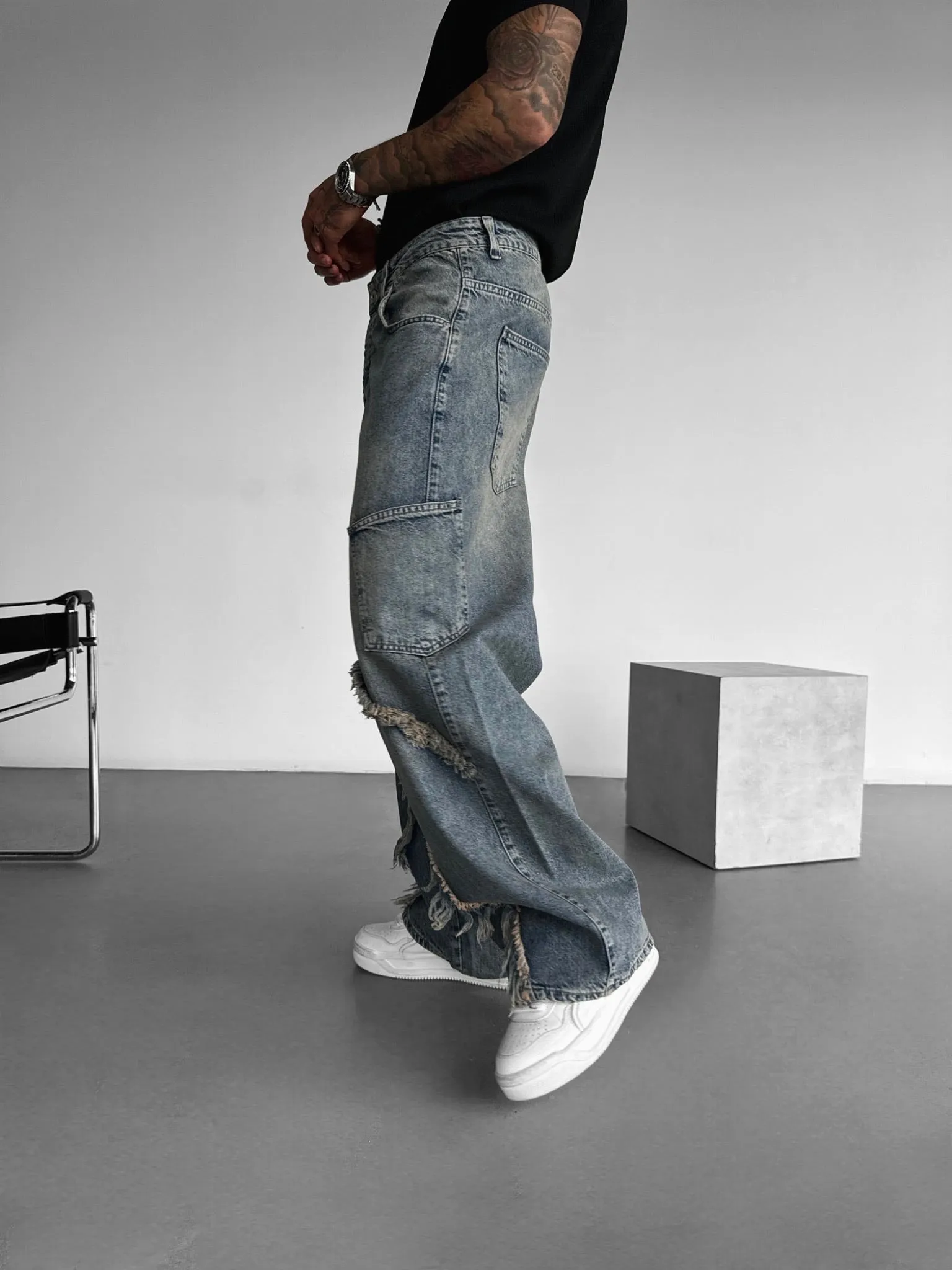 Baggy Washed Torn Details Jeans - Blue