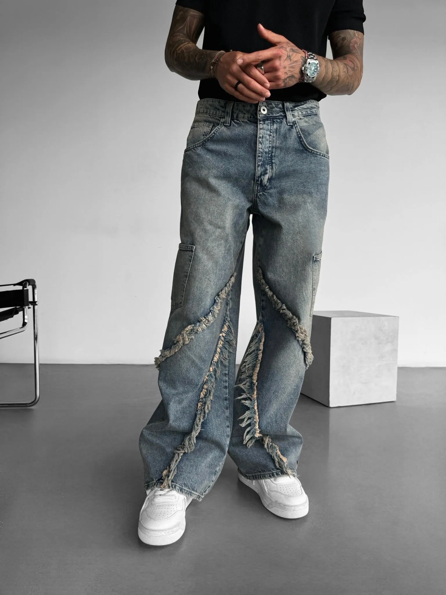 Baggy Washed Torn Details Jeans - Blue