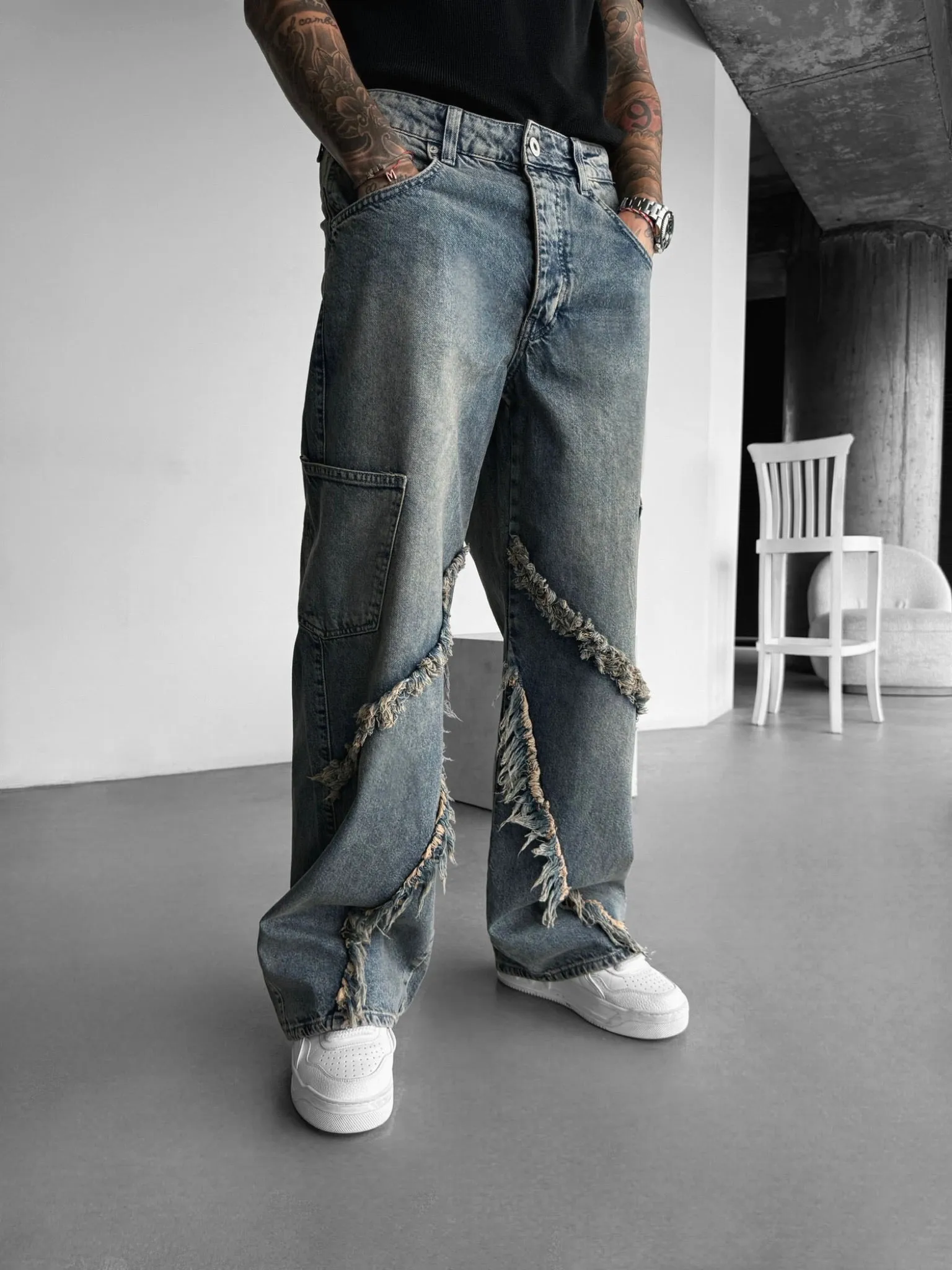 Baggy Washed Torn Details Jeans - Blue