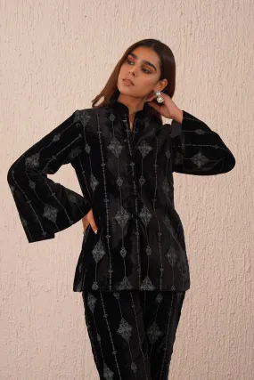 Black Velvet Coat with Thread Embroidery