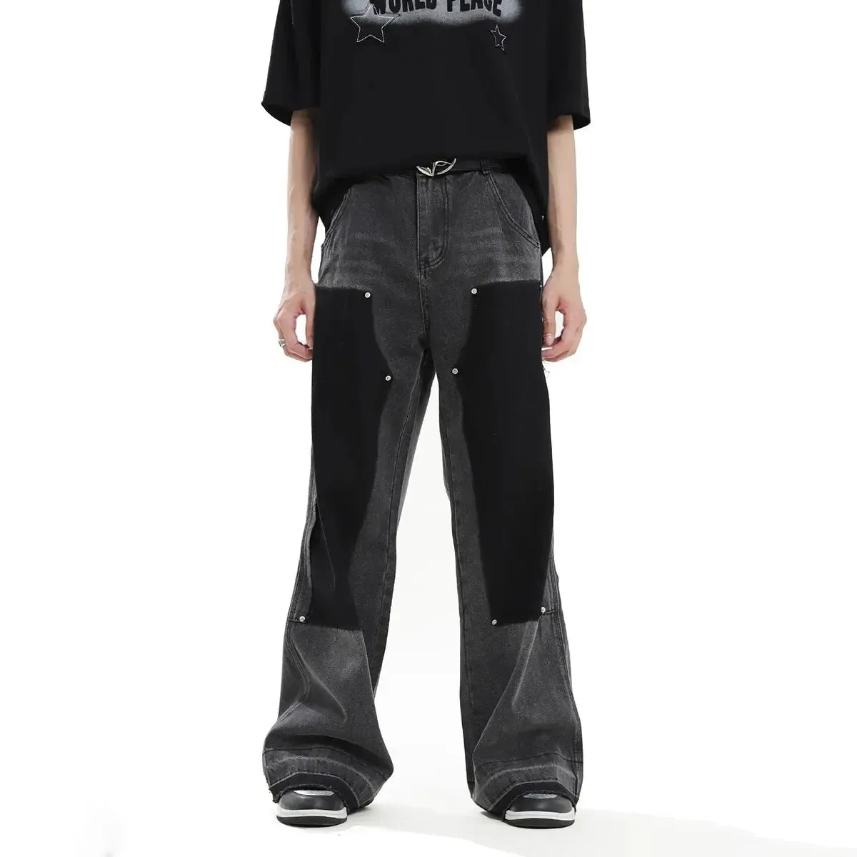 Black Washed Wide Leg Distressed Jeans