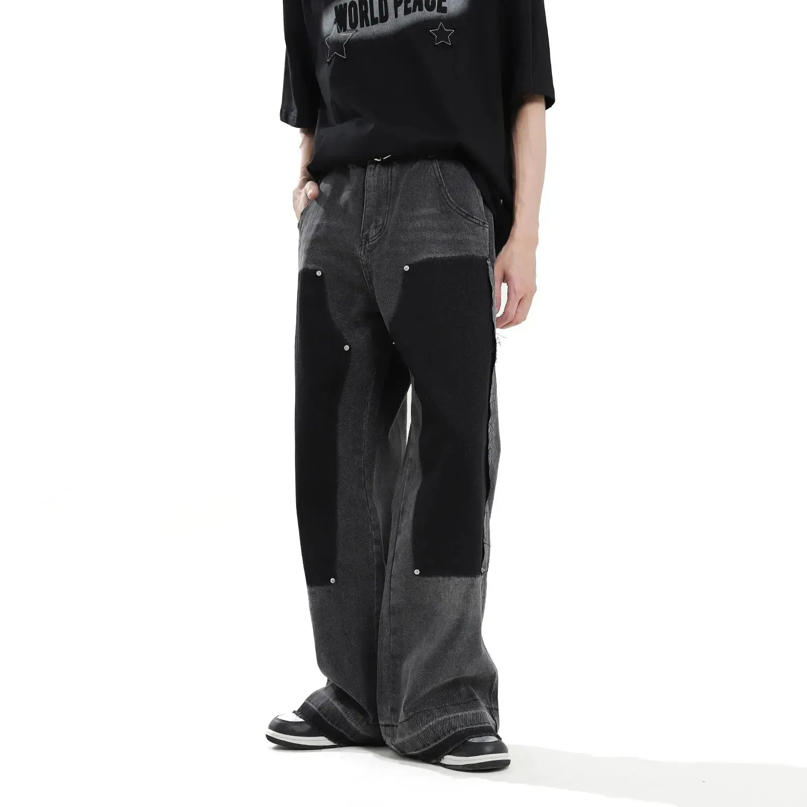 Black Washed Wide Leg Distressed Jeans
