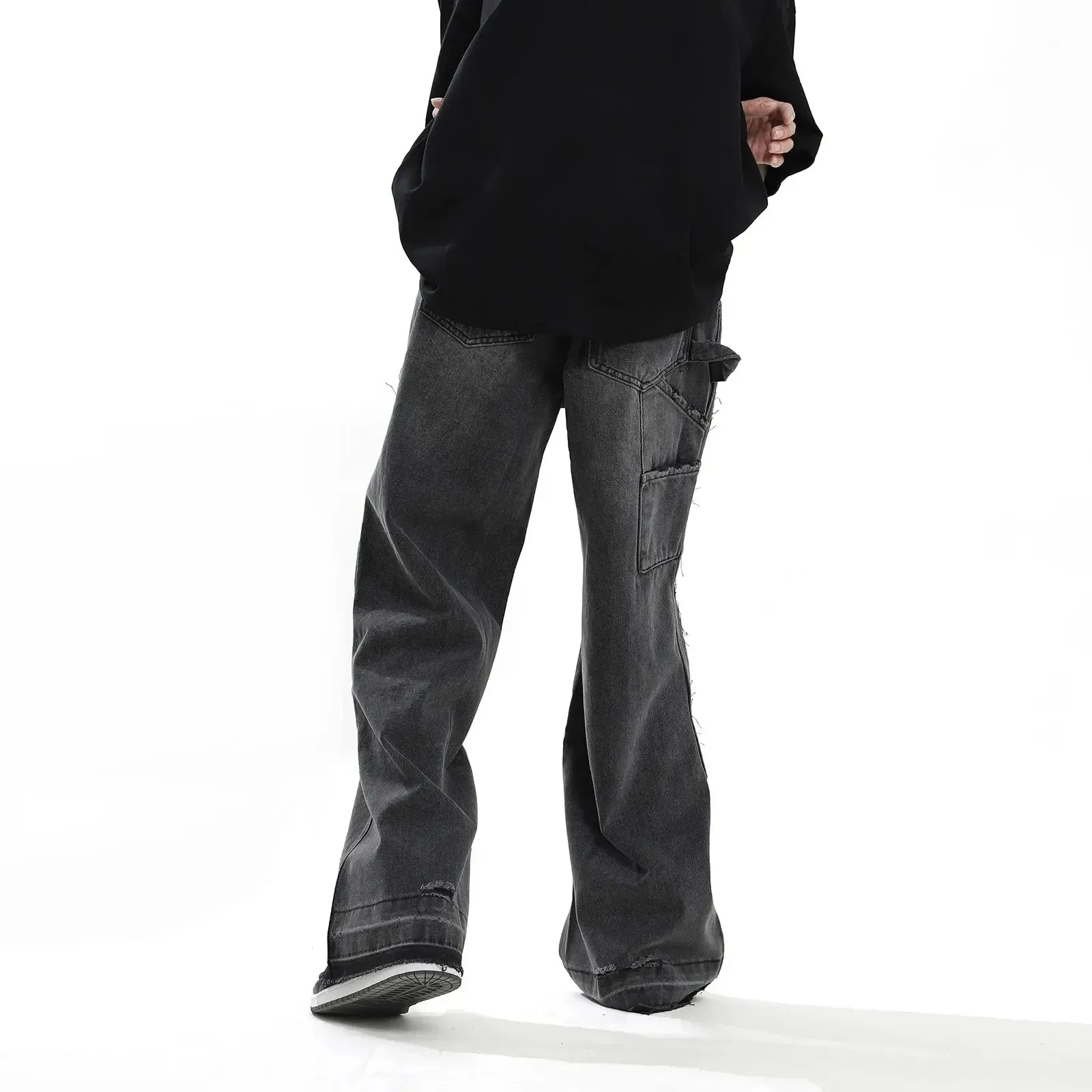 Black Washed Wide Leg Distressed Jeans
