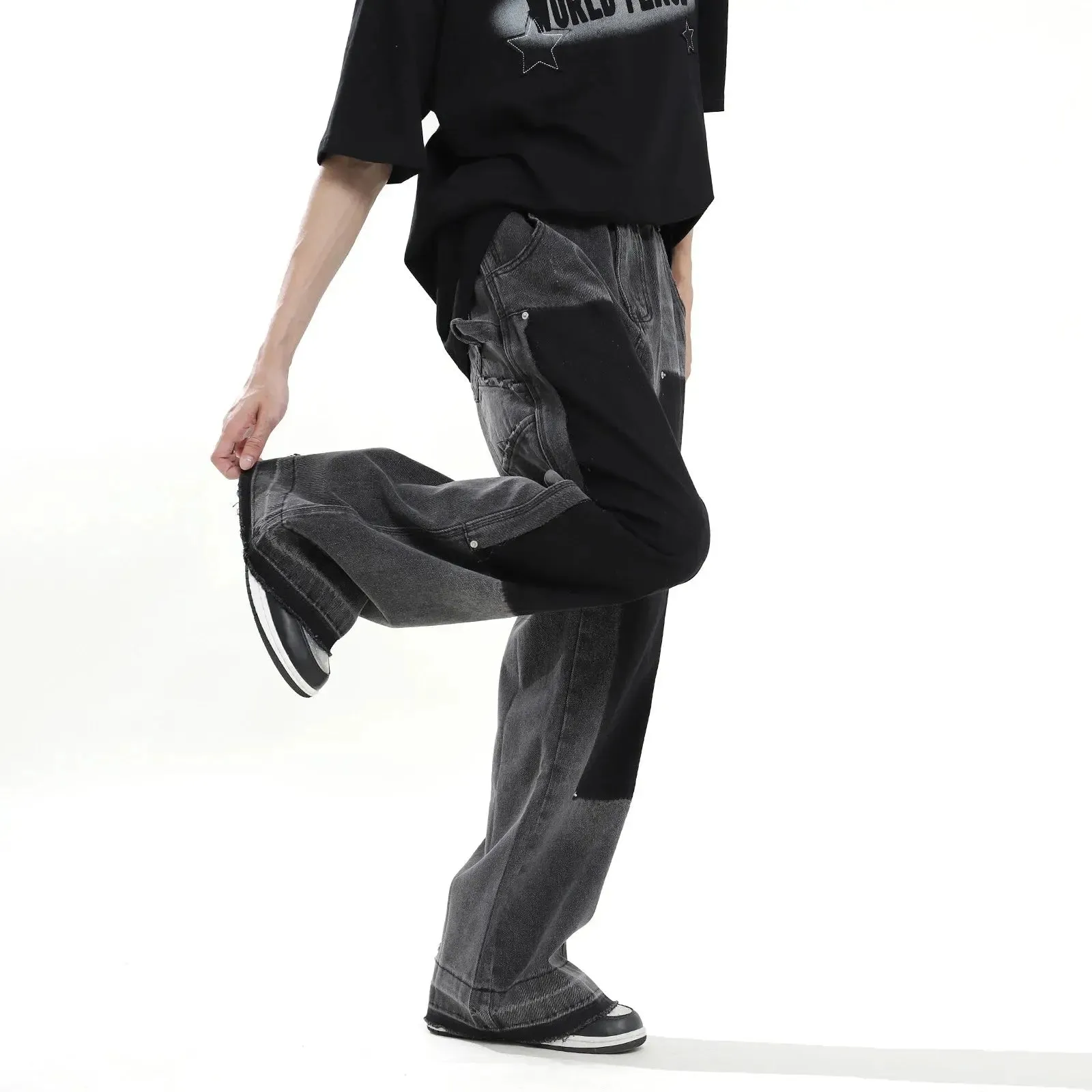 Black Washed Wide Leg Distressed Jeans