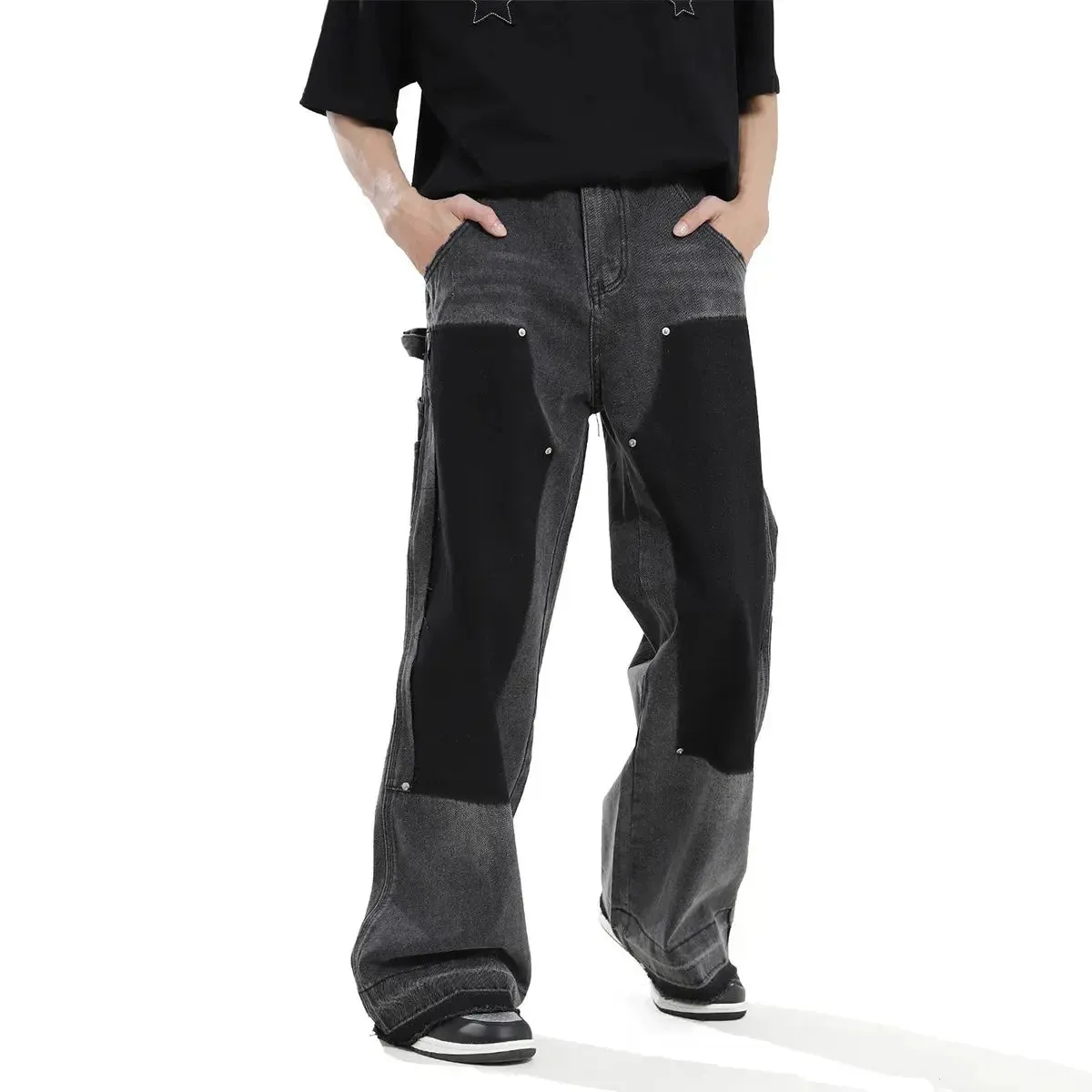 Black Washed Wide Leg Distressed Jeans