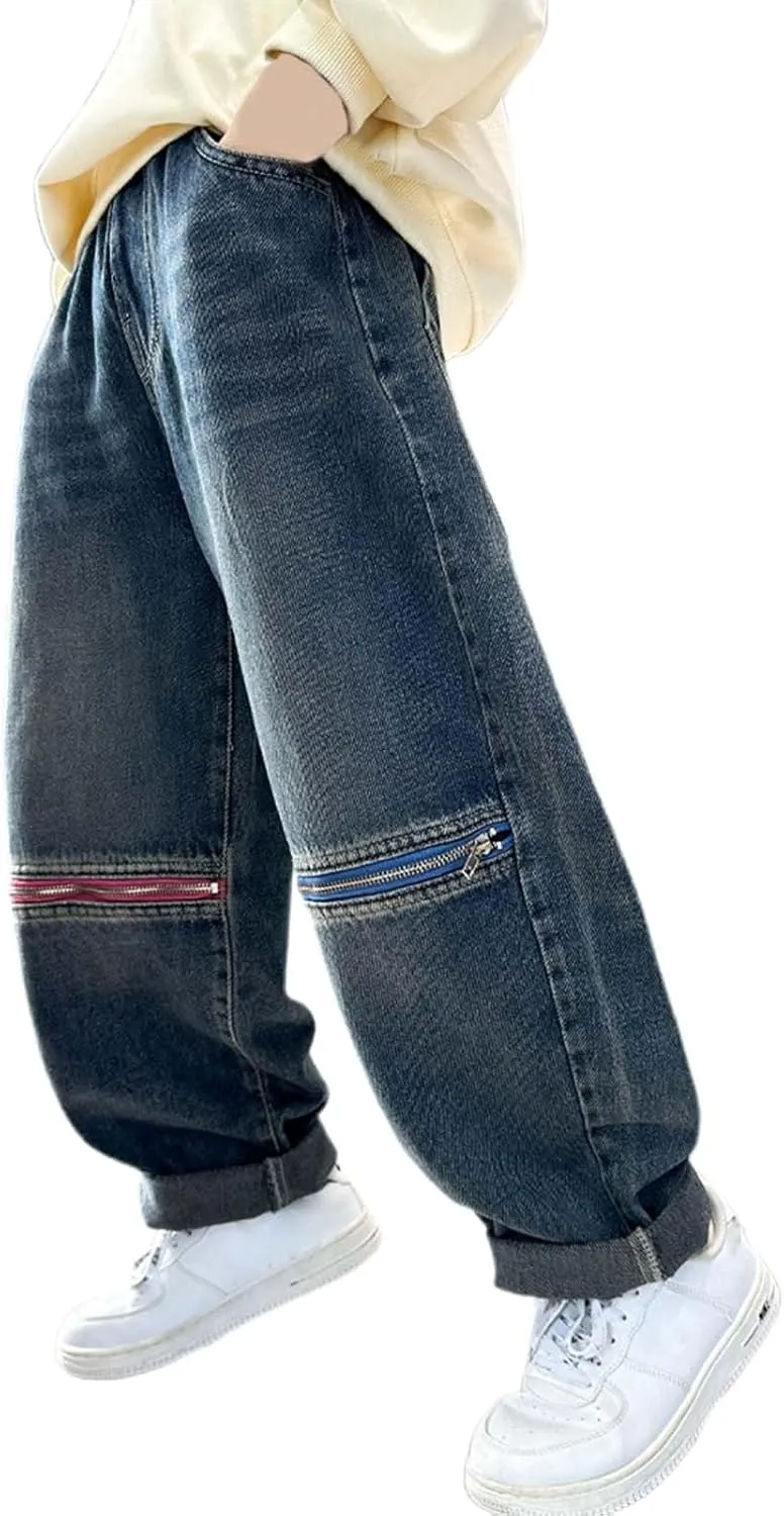 Boy's Baggy Jeans Elastic Waist Wide Leg Denim Pants Teens Classic Cute Jeans Fashion Streetwear with Zipper