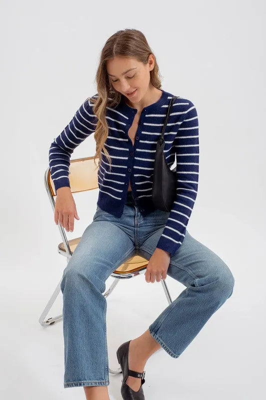 Chandler Long Sleeve Button Down Stripe Print Cardigan Navy