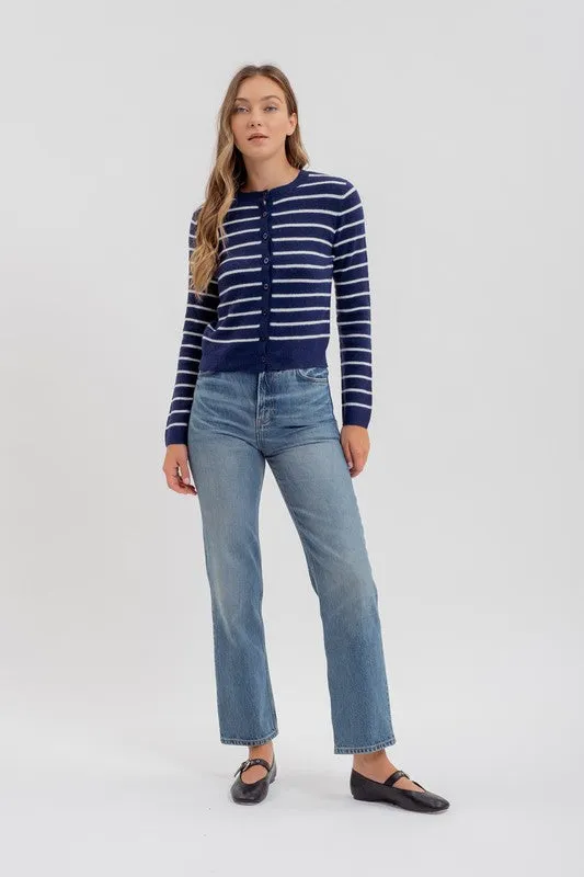 Chandler Long Sleeve Button Down Stripe Print Cardigan Navy