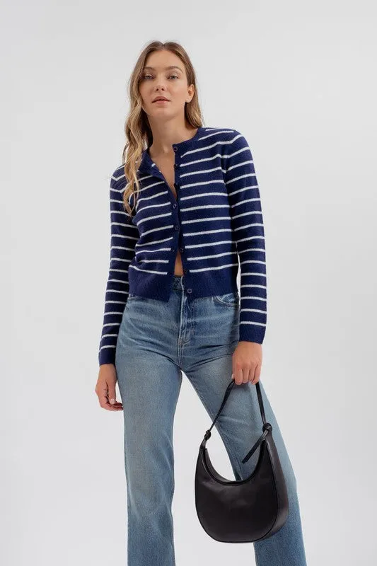 Chandler Long Sleeve Button Down Stripe Print Cardigan Navy