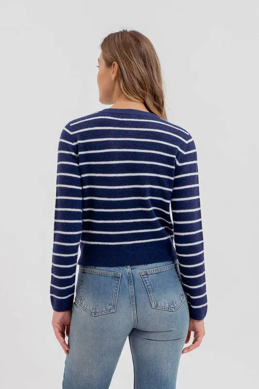 Chandler Long Sleeve Button Down Stripe Print Cardigan Navy