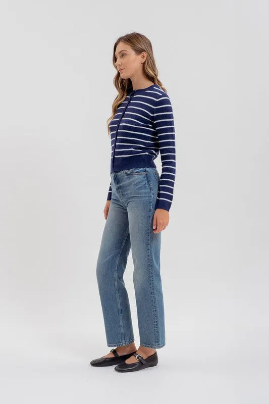 Chandler Long Sleeve Button Down Stripe Print Cardigan Navy