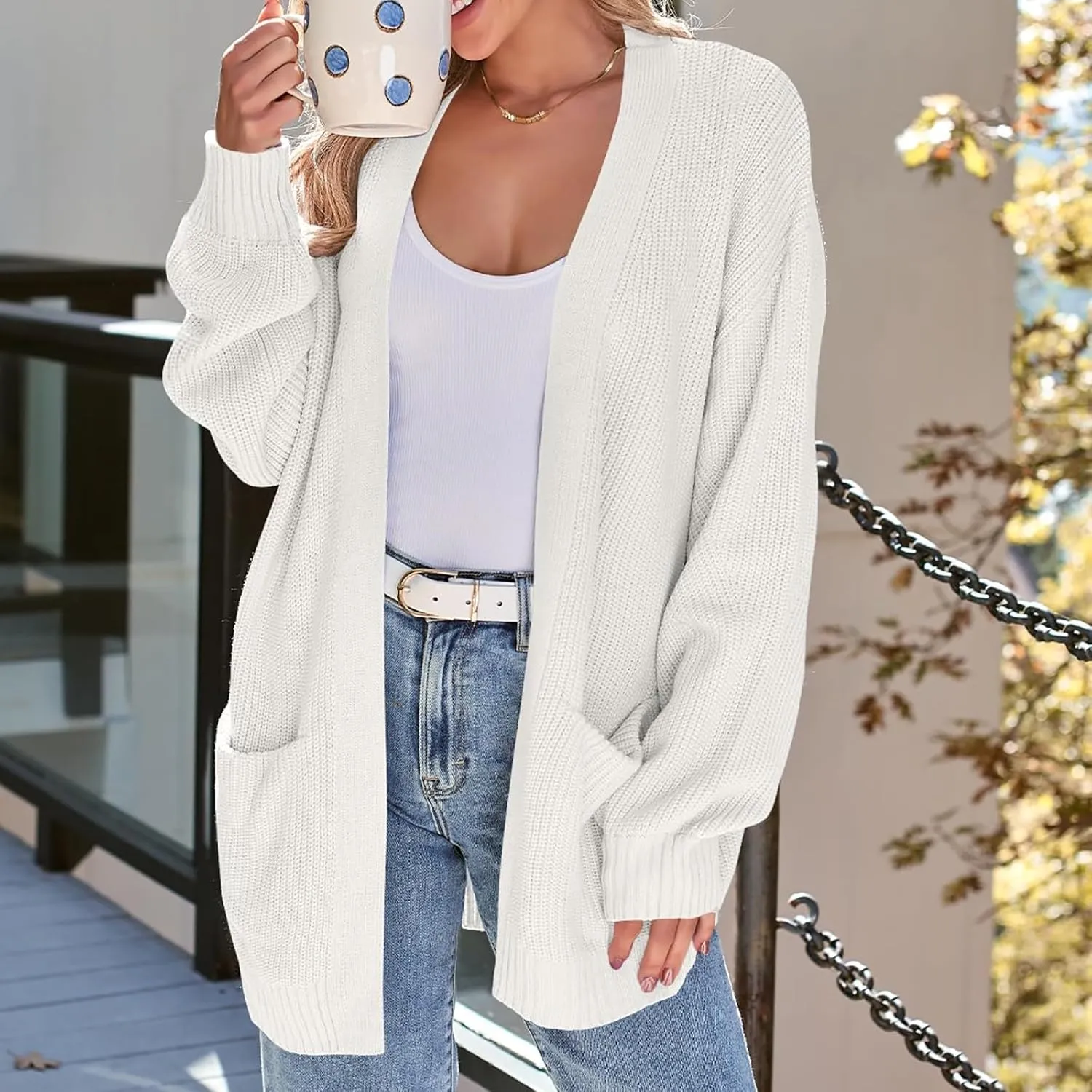 Chunky Cardigans for Women Soft Long Sleeve Cable Knit Sweater Oversized Waffle Knit Cardigan with Pockets