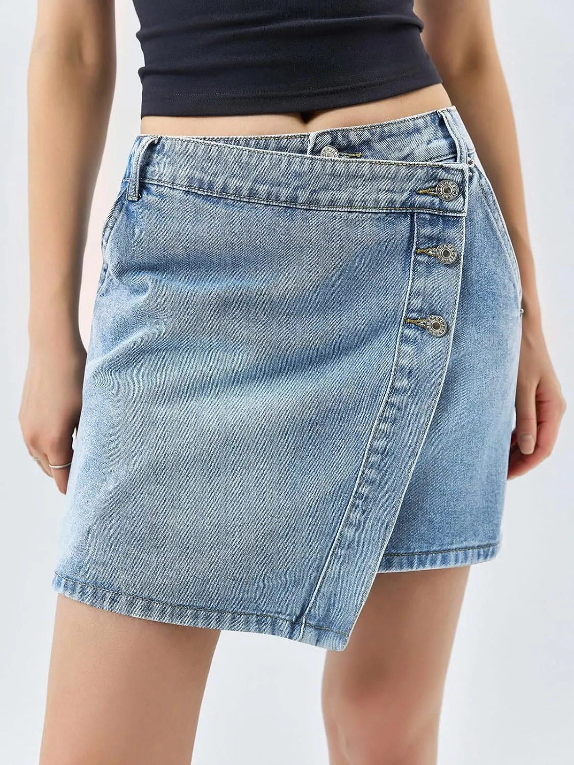 Cicy Bell Womens Jean Skirts Casual Wrap Button Asymmetrical Hem Summer Denim Mini Skirt