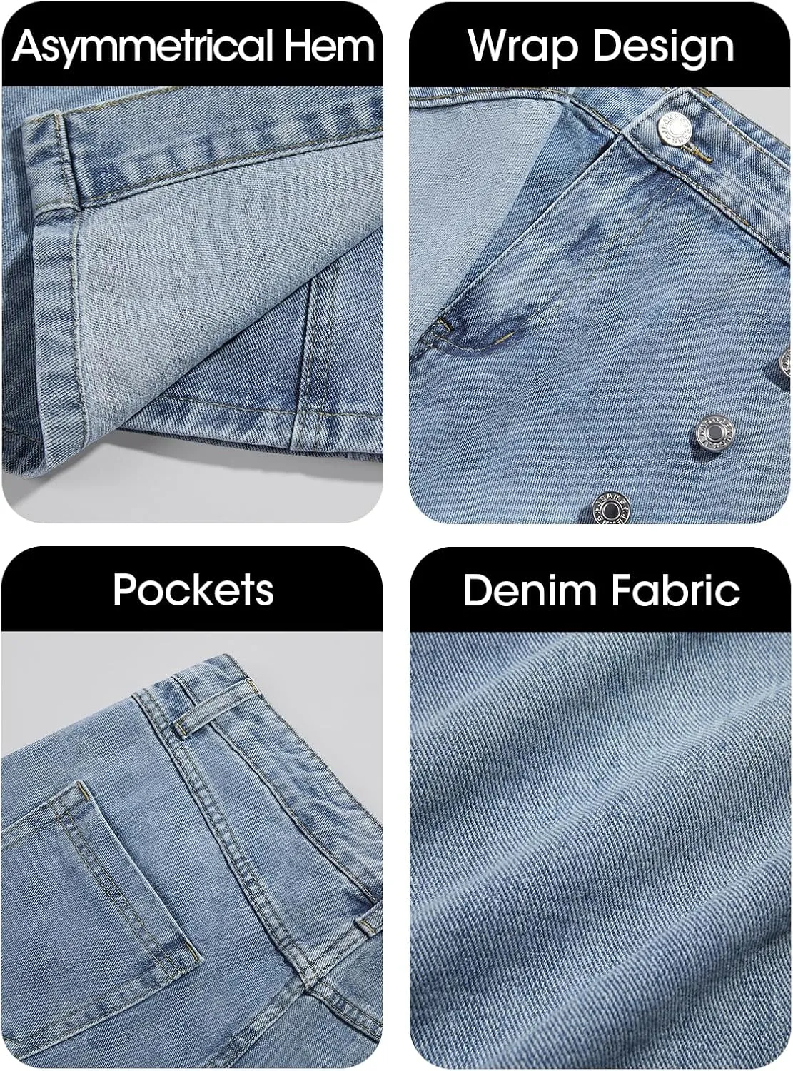 Cicy Bell Womens Jean Skirts Casual Wrap Button Asymmetrical Hem Summer Denim Mini Skirt