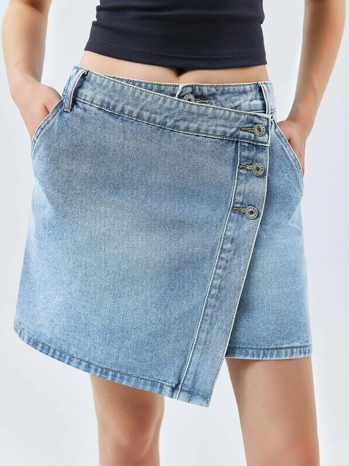 Cicy Bell Womens Jean Skirts Casual Wrap Button Asymmetrical Hem Summer Denim Mini Skirt