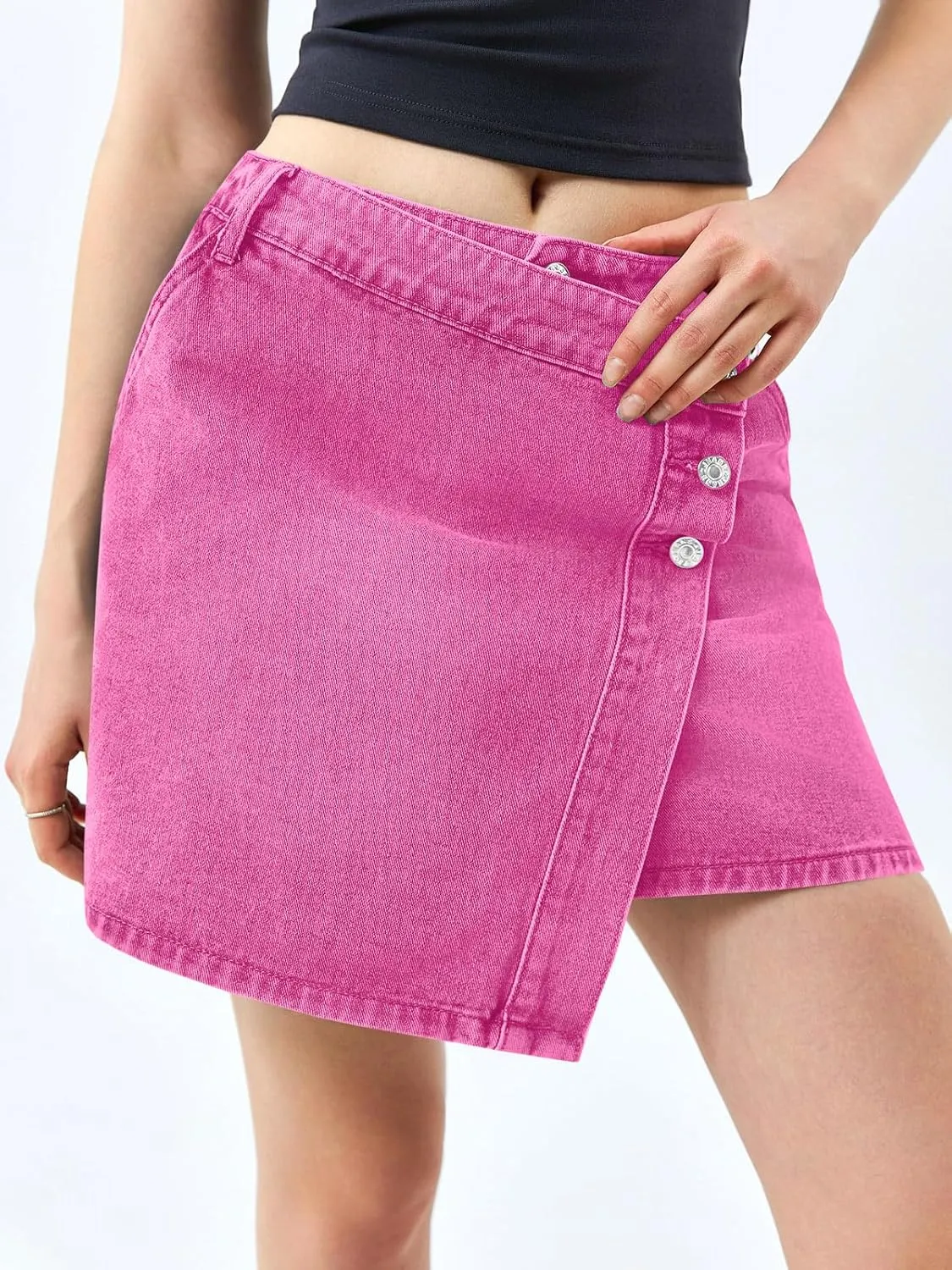 Cicy Bell Womens Jean Skirts Casual Wrap Button Asymmetrical Hem Summer Denim Mini Skirt
