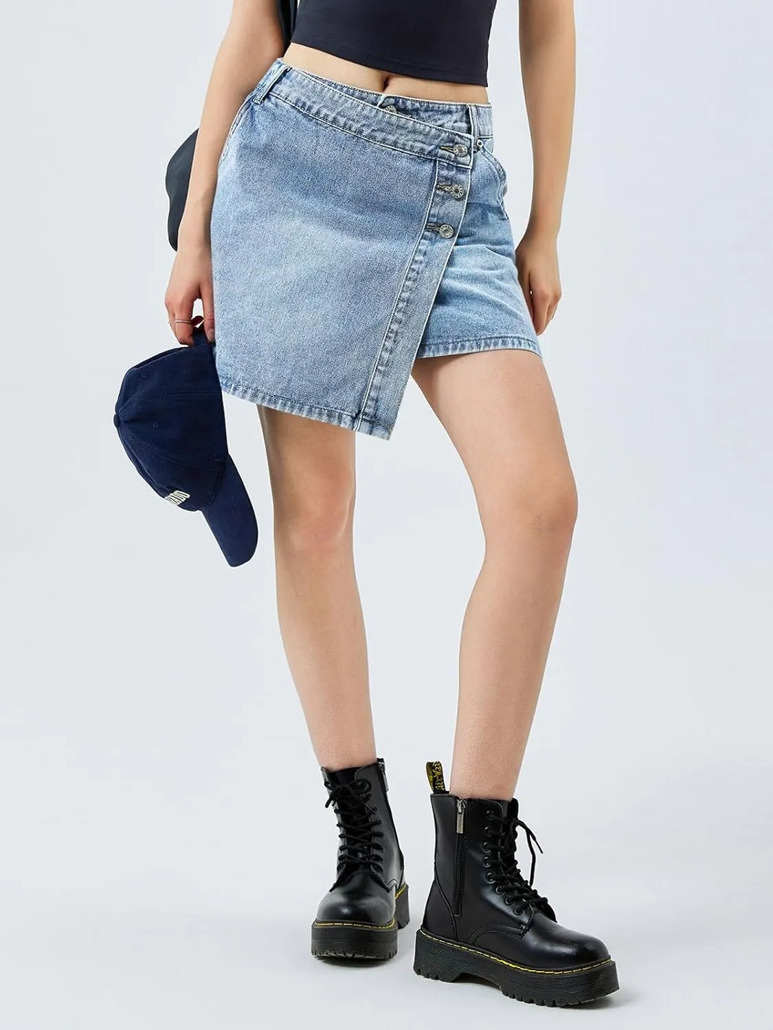 Cicy Bell Womens Jean Skirts Casual Wrap Button Asymmetrical Hem Summer Denim Mini Skirt