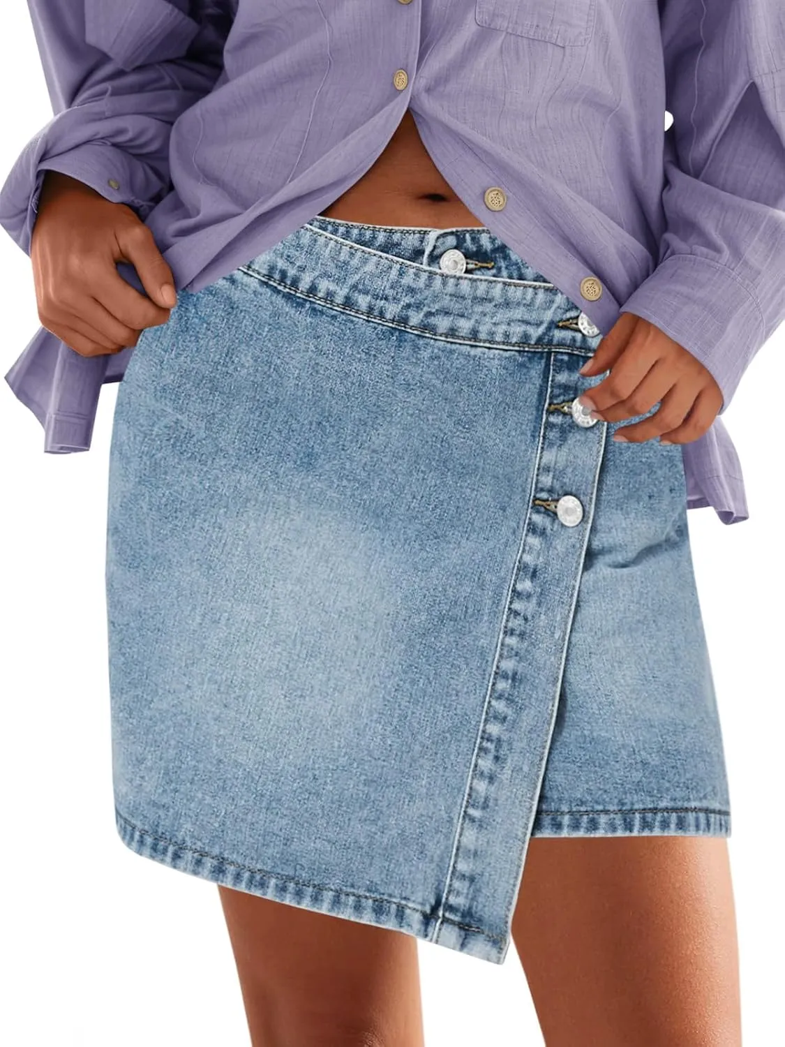 Cicy Bell Womens Jean Skirts Casual Wrap Button Asymmetrical Hem Summer Denim Mini Skirt