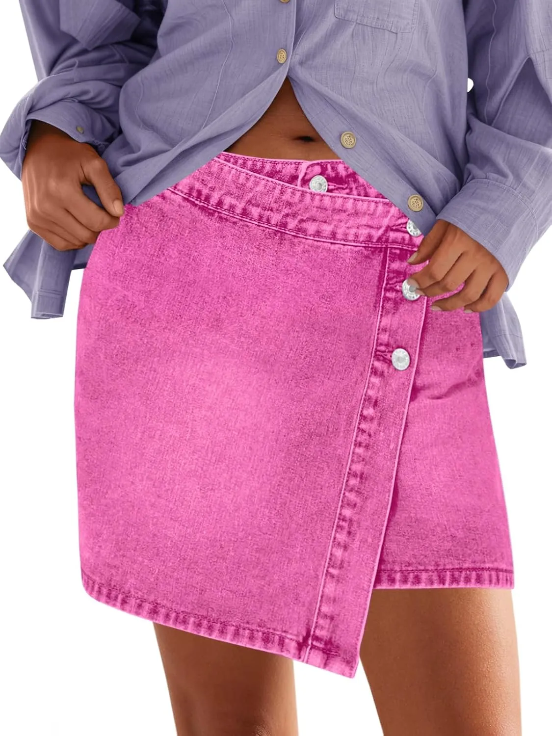 Cicy Bell Womens Jean Skirts Casual Wrap Button Asymmetrical Hem Summer Denim Mini Skirt
