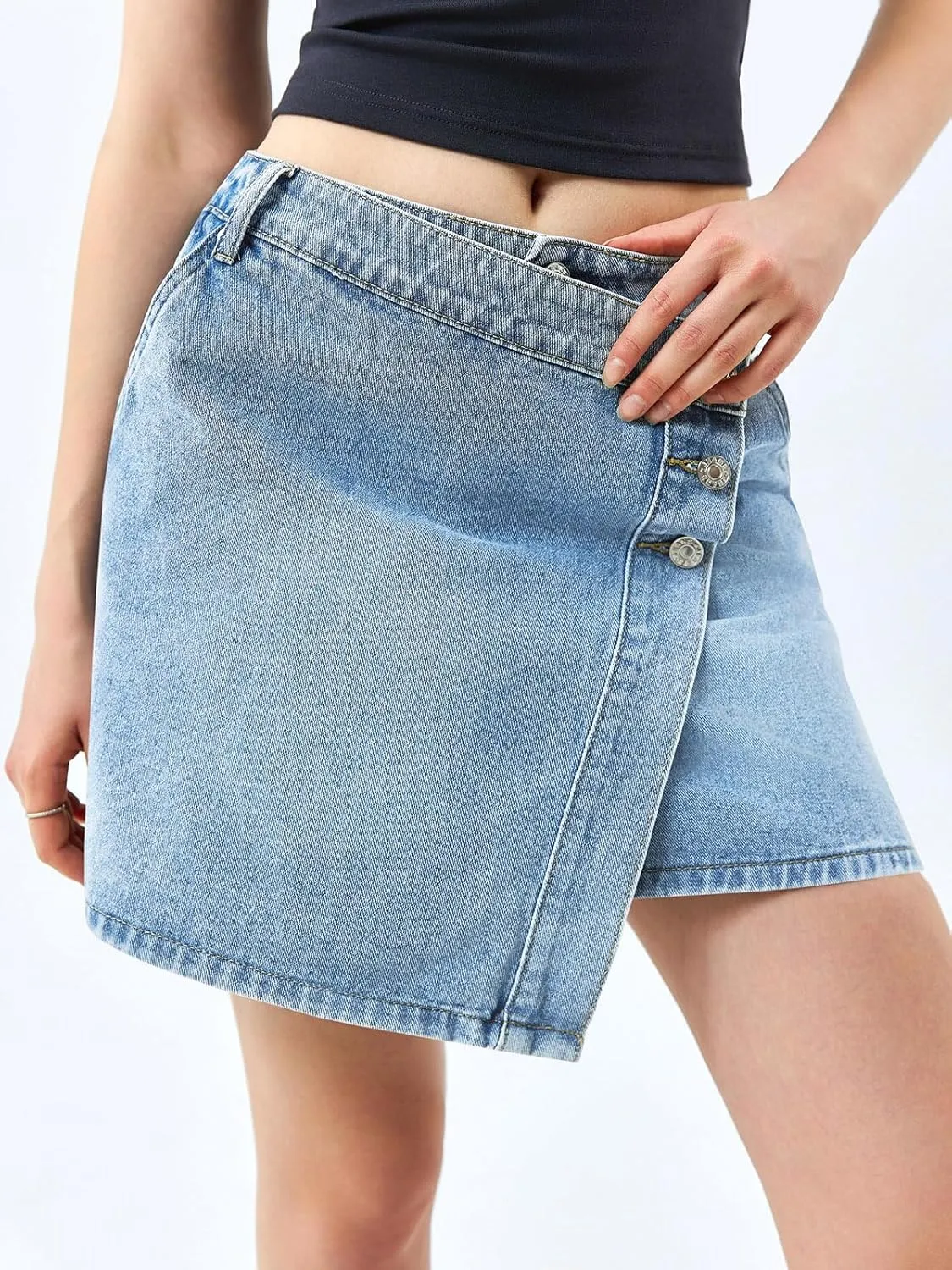 Cicy Bell Womens Jean Skirts Casual Wrap Button Asymmetrical Hem Summer Denim Mini Skirt