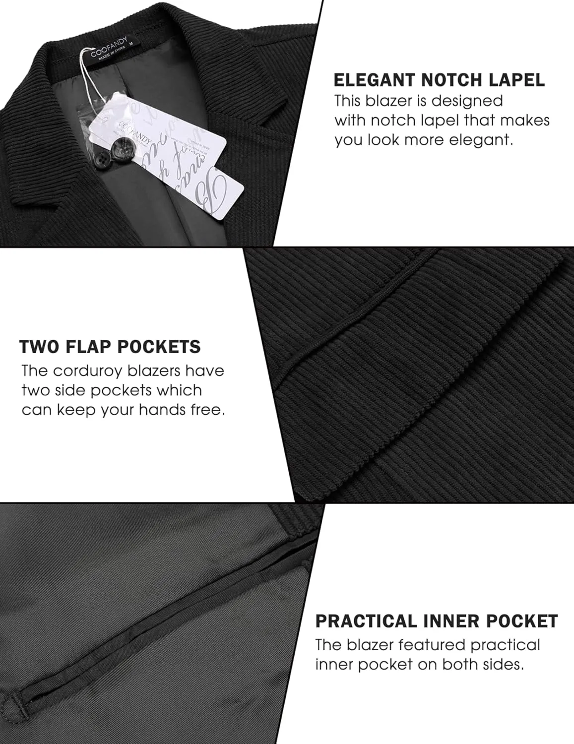COOFADNY Men's Casual Corduroy Blazer Classic Fit Two Button Sport Coat Fashion Notch Lapel Blazer Jacket