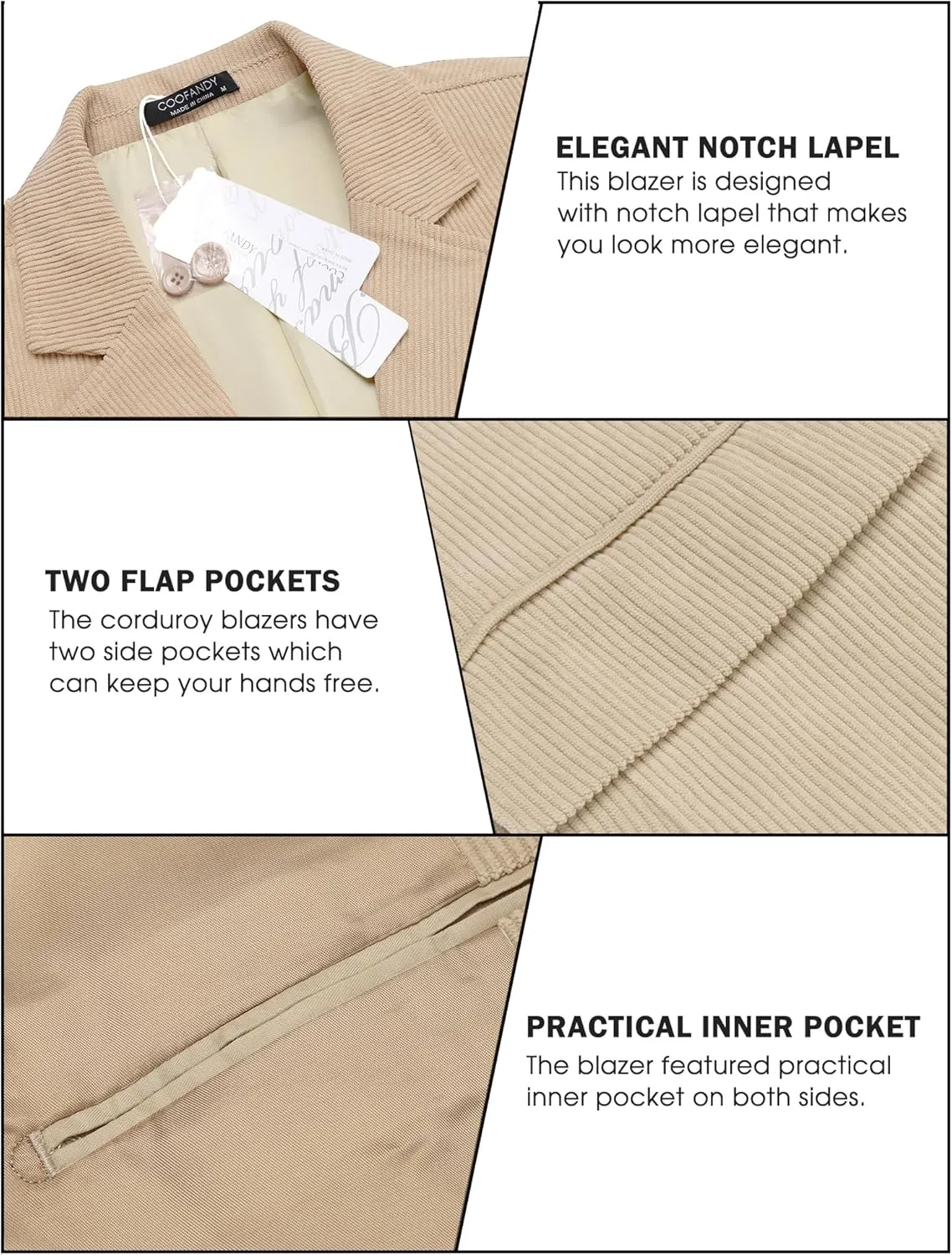 COOFADNY Men's Casual Corduroy Blazer Classic Fit Two Button Sport Coat Fashion Notch Lapel Blazer Jacket