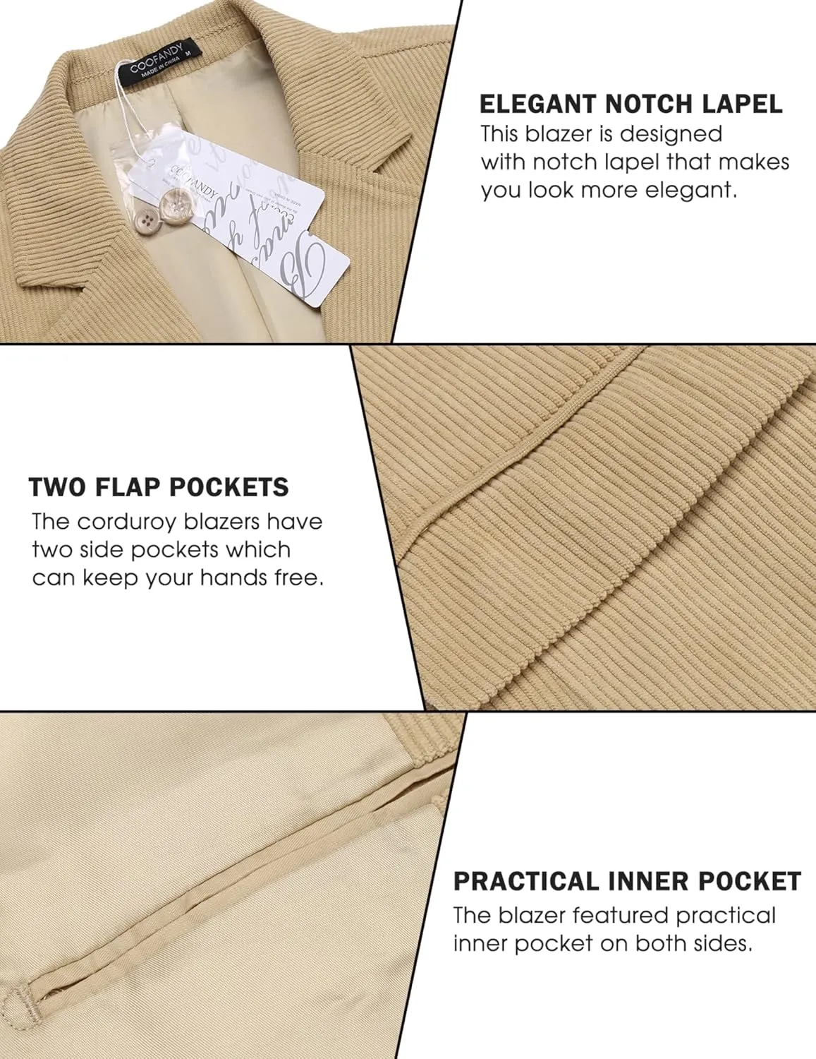 COOFADNY Men's Casual Corduroy Blazer Classic Fit Two Button Sport Coat Fashion Notch Lapel Blazer Jacket
