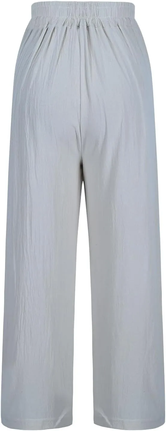Cropped Linen Pants for Women Floral Embroidered Wide Leg Capri Pant High Elastic Waist Summer Trousers with Pockets