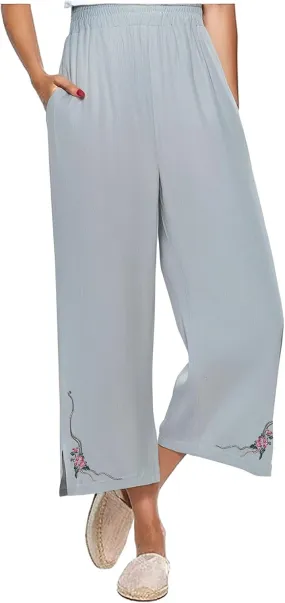 Cropped Linen Pants for Women Floral Embroidered Wide Leg Capri Pant High Elastic Waist Summer Trousers with Pockets