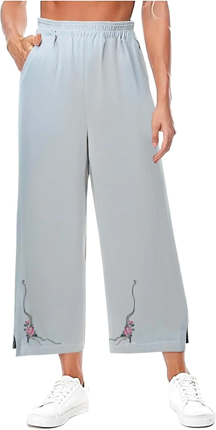 Cropped Linen Pants for Women Floral Embroidered Wide Leg Capri Pant High Elastic Waist Summer Trousers with Pockets