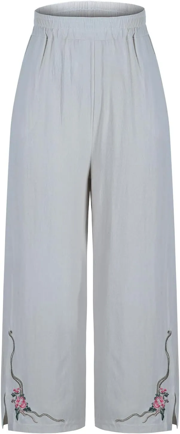 Cropped Linen Pants for Women Floral Embroidered Wide Leg Capri Pant High Elastic Waist Summer Trousers with Pockets