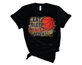 Eat, Sleep, Basketball, Repeat Leopard Glitter - Graphic Tee