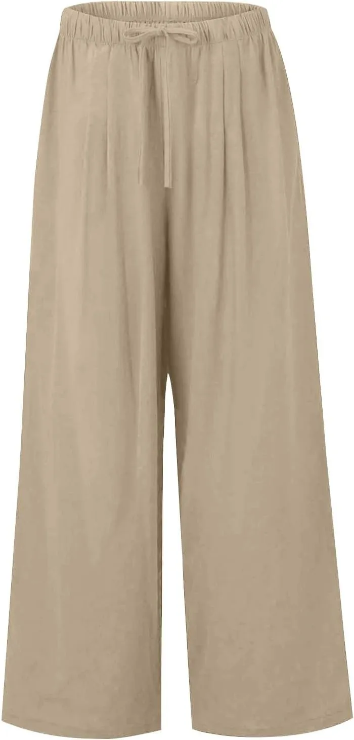 fanmpghleoo Wide Leg Linen Pants for Women Drawstring High Waisted Linen Palazzo Pants Flowy Comfy Lounge Pant with Pockets