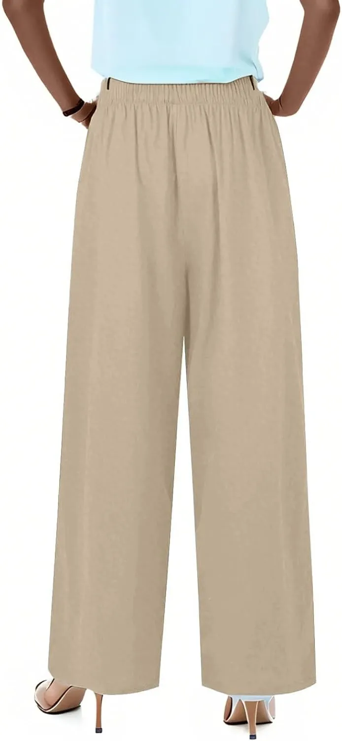 fanmpghleoo Wide Leg Linen Pants for Women Drawstring High Waisted Linen Palazzo Pants Flowy Comfy Lounge Pant with Pockets