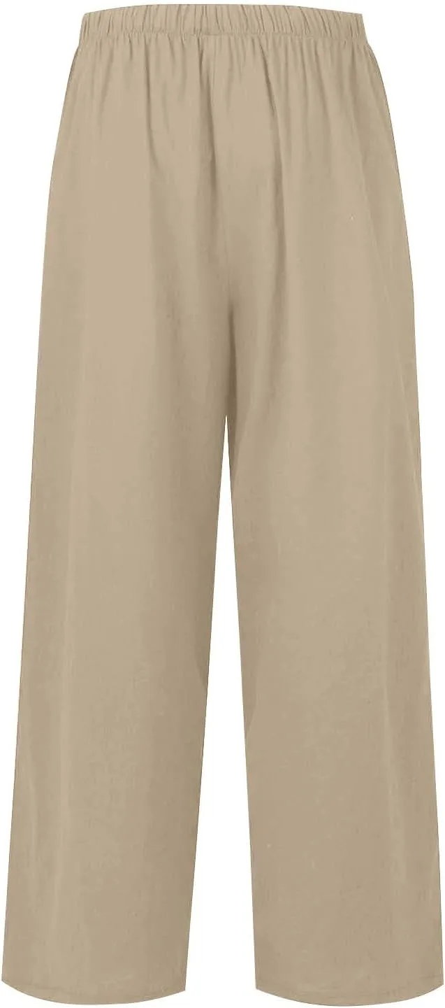 fanmpghleoo Wide Leg Linen Pants for Women Drawstring High Waisted Linen Palazzo Pants Flowy Comfy Lounge Pant with Pockets