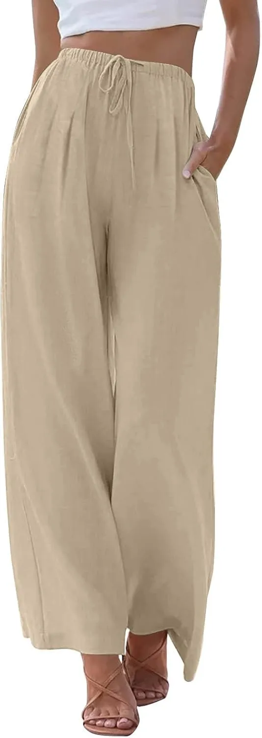 fanmpghleoo Wide Leg Linen Pants for Women Drawstring High Waisted Linen Palazzo Pants Flowy Comfy Lounge Pant with Pockets