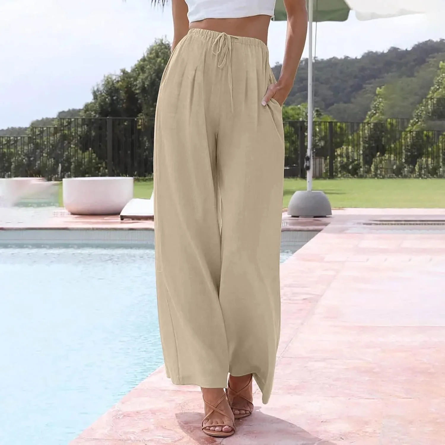 fanmpghleoo Wide Leg Linen Pants for Women Drawstring High Waisted Linen Palazzo Pants Flowy Comfy Lounge Pant with Pockets