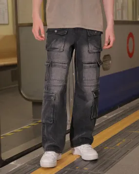 Fashionably Distressed Black Baggy Jeans with Multiple Pockets