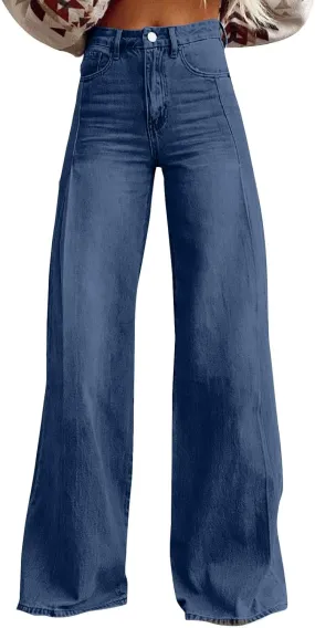 FlekmanArt Wide Leg Jeans for Women Cropped High Waisted Trendy Button Fly Patch Pockets Stretchy Denim Pants Trousers Jeans